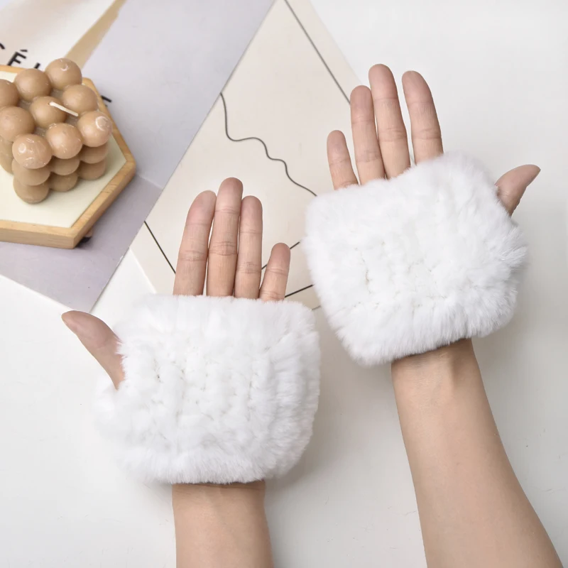 Women Natural Rex Rabbit Fur Gloves Elastic Knitted Real Rex Rabbit Fur Mittens Winter Girls Wrist Guards Warm Exposed Fingers