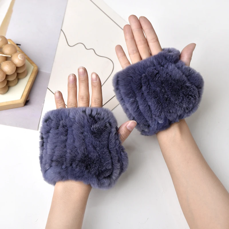 Women Natural Rex Rabbit Fur Gloves Elastic Knitted Real Rex Rabbit Fur Mittens Winter Girls Wrist Guards Warm Exposed Fingers