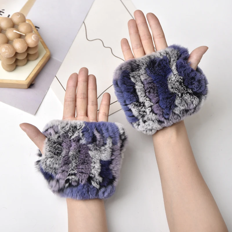 Women Natural Rex Rabbit Fur Gloves Elastic Knitted Real Rex Rabbit Fur Mittens Winter Girls Wrist Guards Warm Exposed Fingers