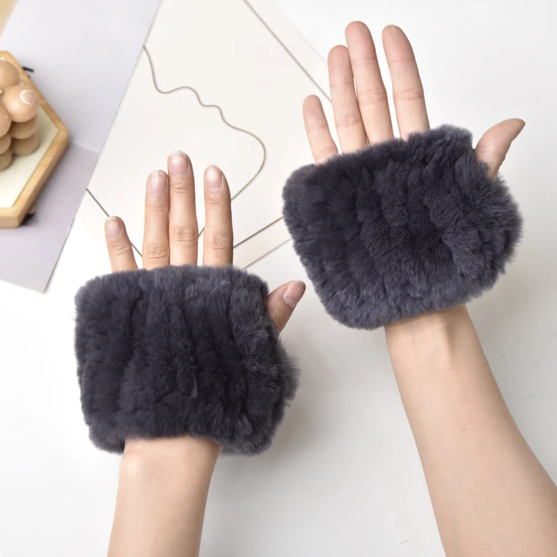Women Natural Rex Rabbit Fur Gloves Elastic Knitted Real Rex Rabbit Fur Mittens Winter Girls Wrist Guards Warm Exposed Fingers