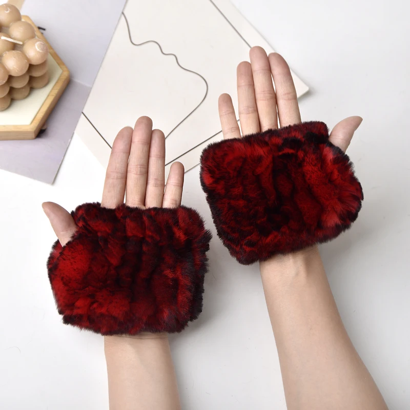 Women Natural Rex Rabbit Fur Gloves Elastic Knitted Real Rex Rabbit Fur Mittens Winter Girls Wrist Guards Warm Exposed Fingers