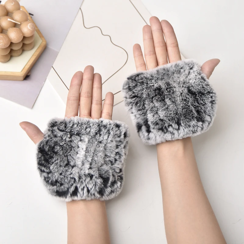 Women Natural Rex Rabbit Fur Gloves Elastic Knitted Real Rex Rabbit Fur Mittens Winter Girls Wrist Guards Warm Exposed Fingers