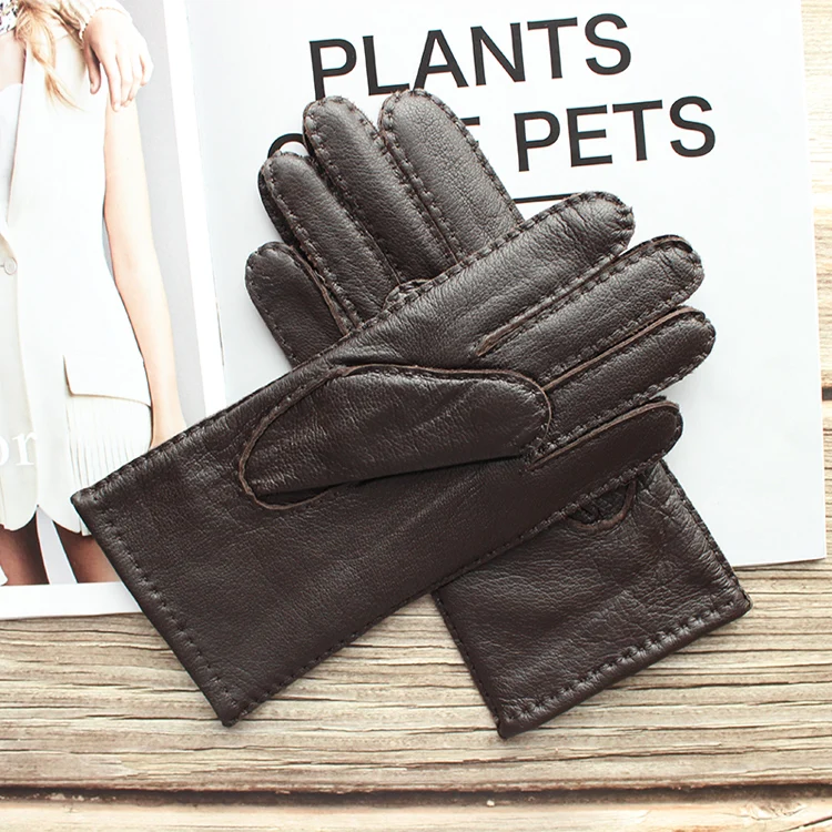 New Women's Deerskin Gloves Leather Color Fashion Wool Knitted Lining Hand-Stitched Outdoor Driving and Cycling Warm Gloves