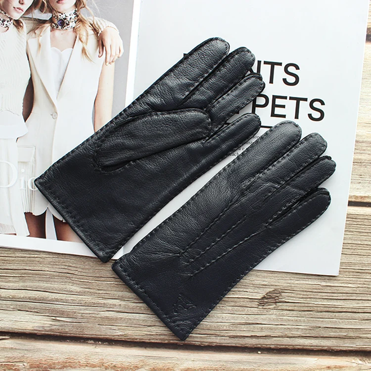 New Women's Deerskin Gloves Leather Color Fashion Wool Knitted Lining Hand-Stitched Outdoor Driving and Cycling Warm Gloves