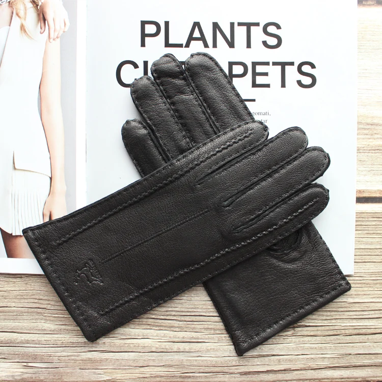 New Women's Deerskin Gloves Leather Color Fashion Wool Knitted Lining Hand-Stitched Outdoor Driving and Cycling Warm Gloves