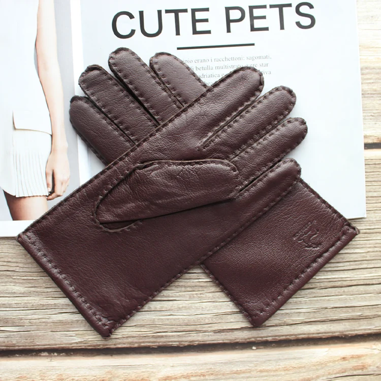 New Women's Deerskin Gloves Leather Color Fashion Wool Knitted Lining Hand-Stitched Outdoor Driving and Cycling Warm Gloves