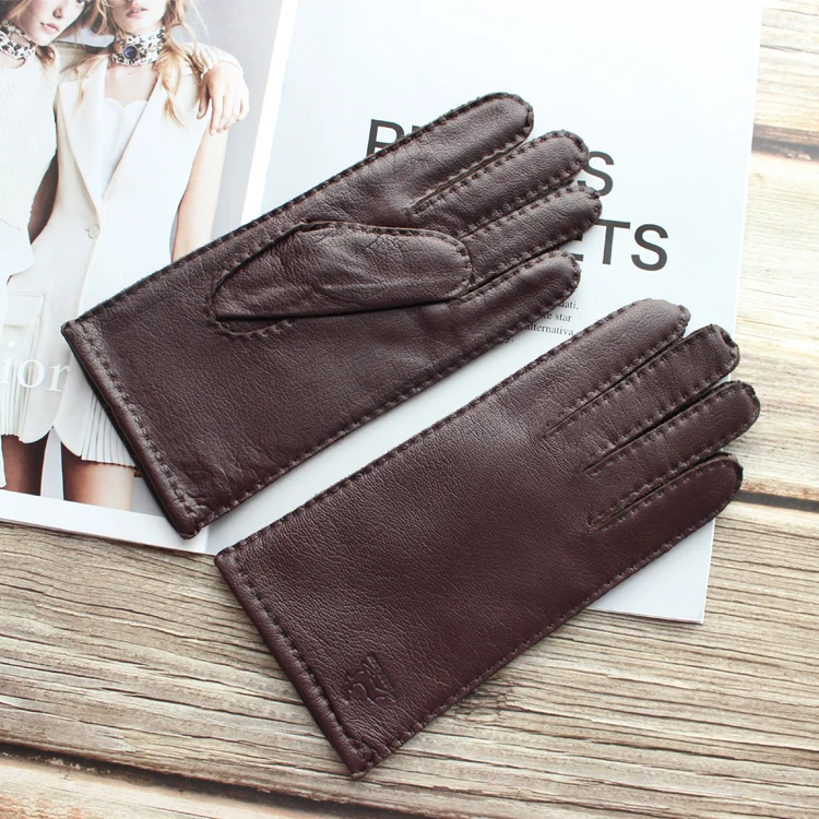 New Women's Deerskin Gloves Leather Color Fashion Wool Knitted Lining Hand-Stitched Outdoor Driving and Cycling Warm Gloves