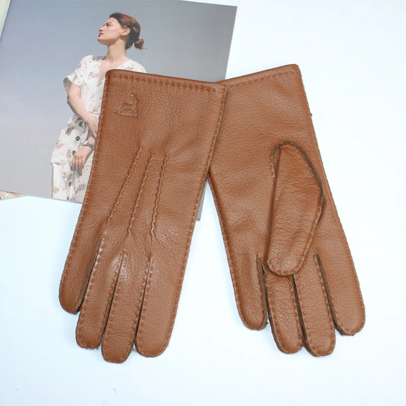 New Women's Deerskin Gloves Leather Color Fashion Wool Knitted Lining Hand-Stitched Outdoor Driving and Cycling Warm Gloves