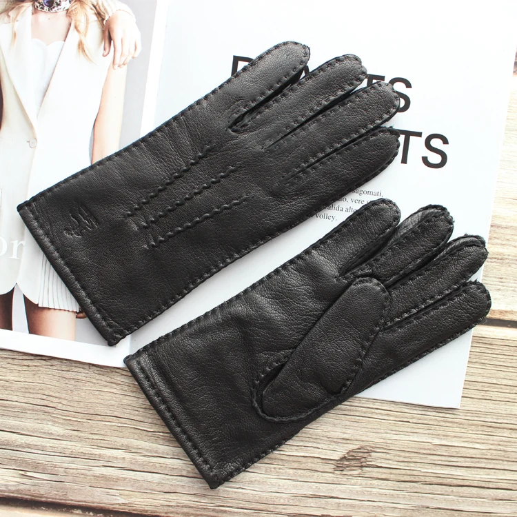 New Women's Deerskin Gloves Leather Color Fashion Wool Knitted Lining Hand-Stitched Outdoor Driving and Cycling Warm Gloves