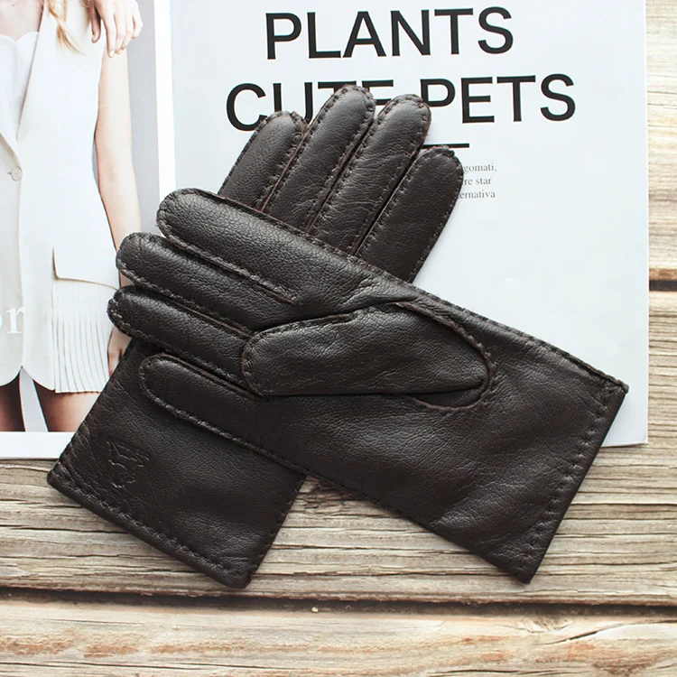New Women's Deerskin Gloves Leather Color Fashion Wool Knitted Lining Hand-Stitched Outdoor Driving and Cycling Warm Gloves