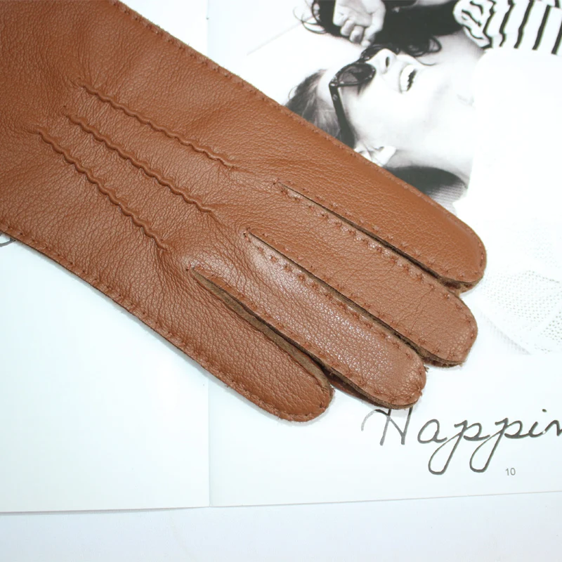 New Women's Deerskin Gloves Leather Color Fashion Wool Knitted Lining Hand-Stitched Outdoor Driving and Cycling Warm Gloves
