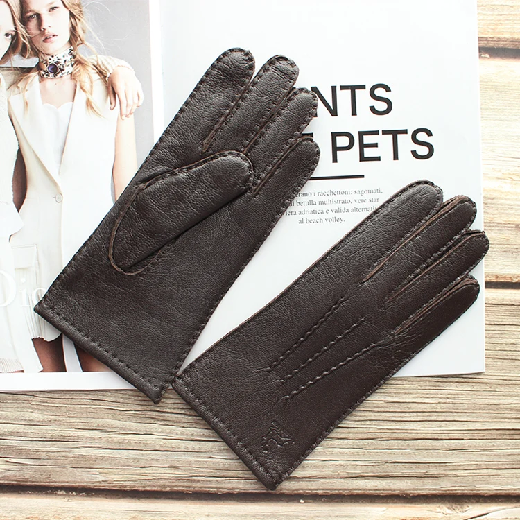 New Women's Deerskin Gloves Leather Color Fashion Wool Knitted Lining Hand-Stitched Outdoor Driving and Cycling Warm Gloves