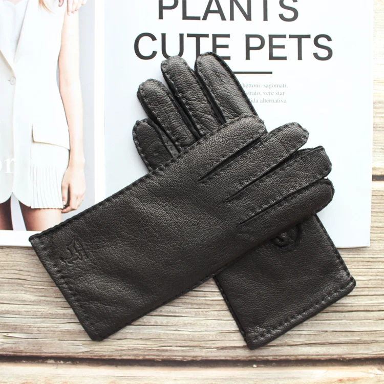 New Women's Deerskin Gloves Leather Color Fashion Wool Knitted Lining Hand-Stitched Outdoor Driving and Cycling Warm Gloves