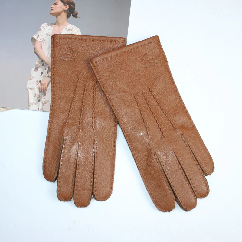 New Women's Deerskin Gloves Leather Color Fashion Wool Knitted Lining Hand-Stitched Outdoor Driving and Cycling Warm Gloves