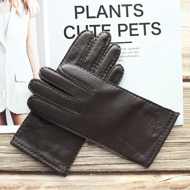 New Women's Deerskin Gloves Leather Color Fashion Wool Knitted Lining Hand-Stitched Outdoor Driving and Cycling Warm Gloves