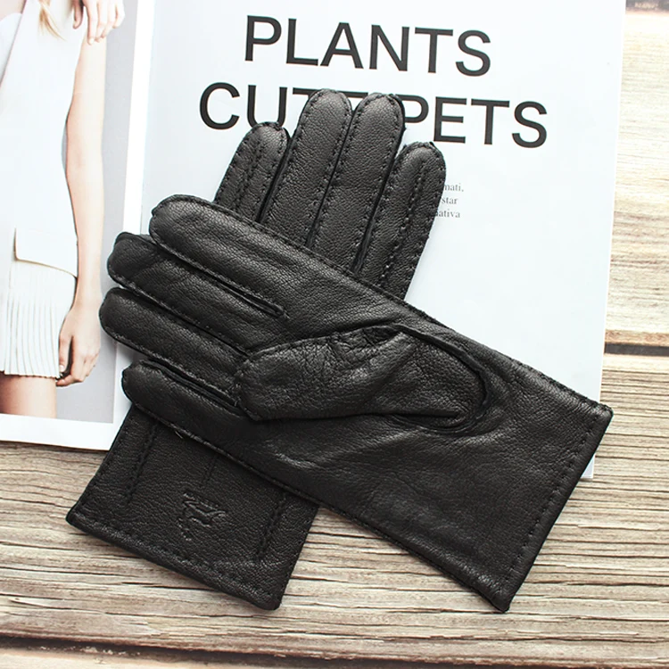 New Women's Deerskin Gloves Leather Color Fashion Wool Knitted Lining Hand-Stitched Outdoor Driving and Cycling Warm Gloves