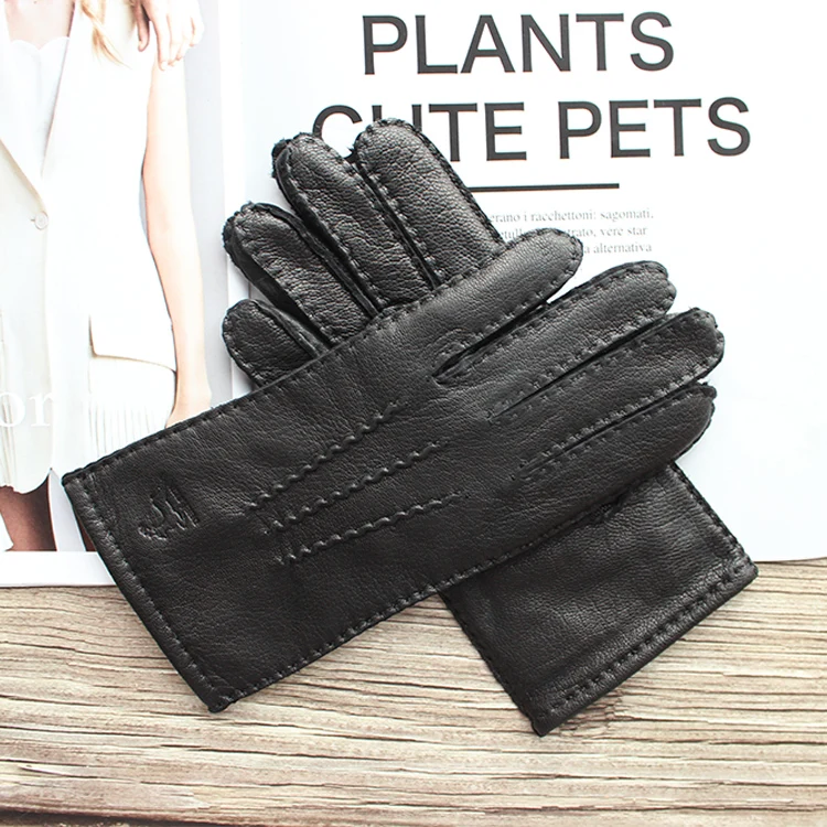 New Women's Deerskin Gloves Leather Color Fashion Wool Knitted Lining Hand-Stitched Outdoor Driving and Cycling Warm Gloves