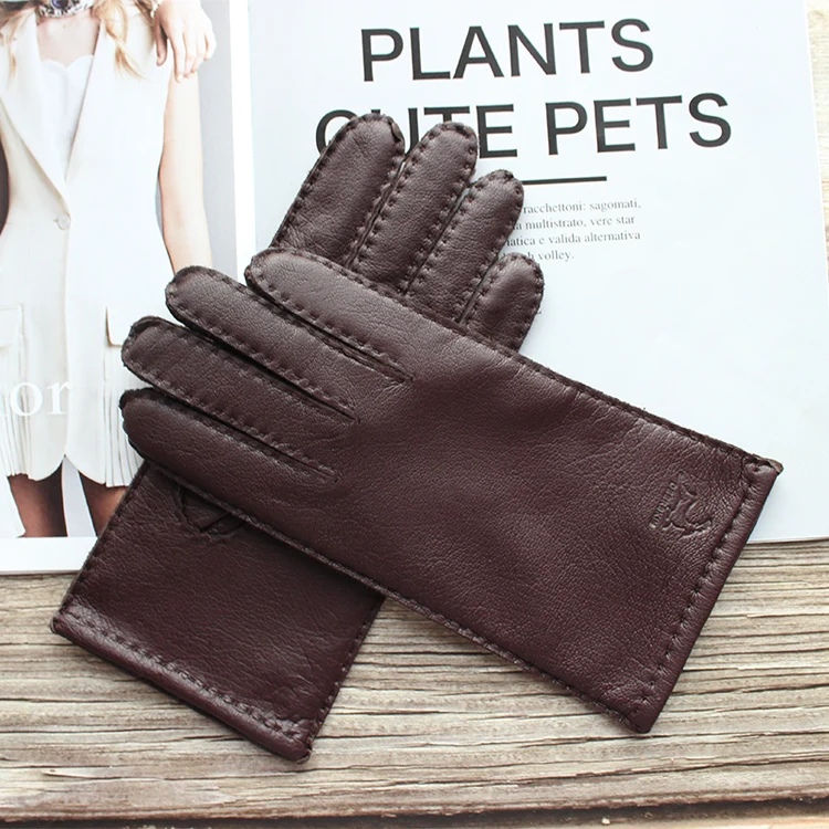 New Women's Deerskin Gloves Leather Color Fashion Wool Knitted Lining Hand-Stitched Outdoor Driving and Cycling Warm Gloves