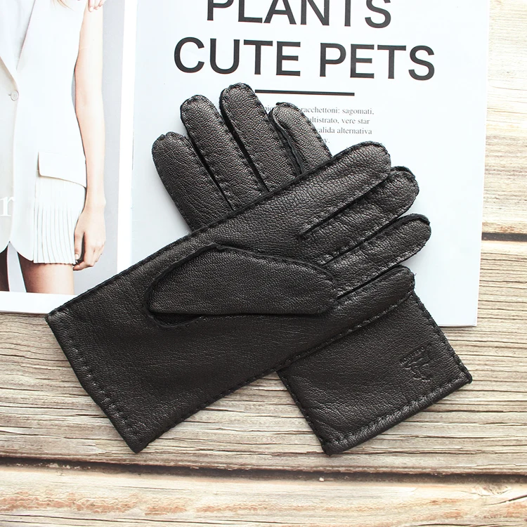 New Women's Deerskin Gloves Leather Color Fashion Wool Knitted Lining Hand-Stitched Outdoor Driving and Cycling Warm Gloves