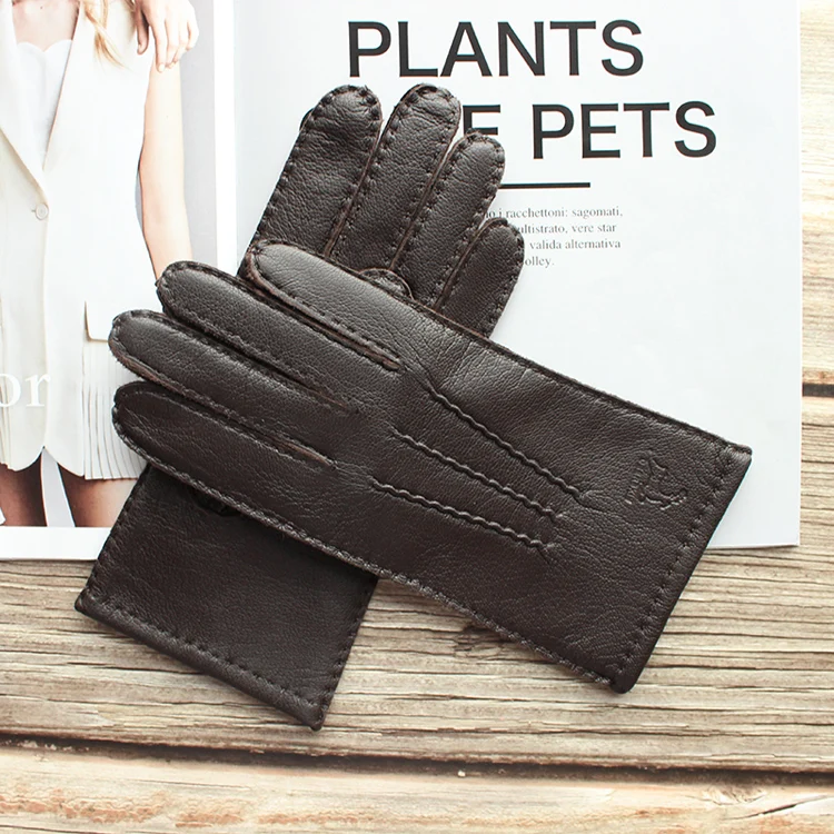 New Women's Deerskin Gloves Leather Color Fashion Wool Knitted Lining Hand-Stitched Outdoor Driving and Cycling Warm Gloves