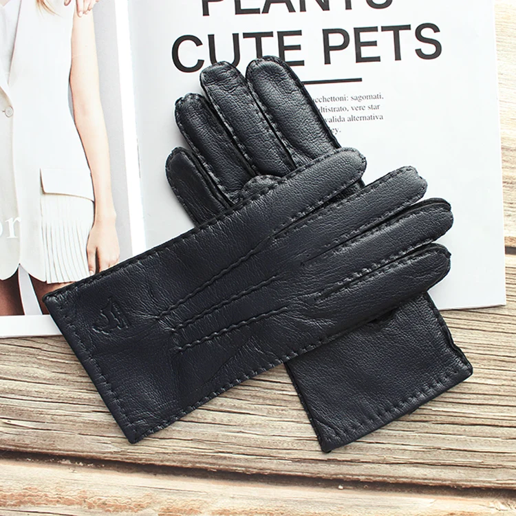 New Women's Deerskin Gloves Leather Color Fashion Wool Knitted Lining Hand-Stitched Outdoor Driving and Cycling Warm Gloves