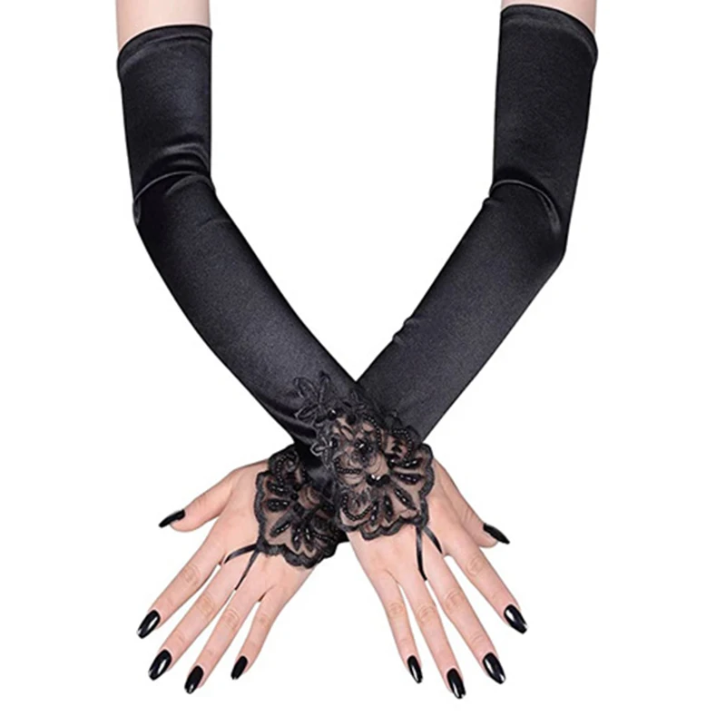 Women Satin Hook Finger Long Fingerless Gloves Retro Style Opera Evening Dress Accessories Etiquette High Elasticity Wedding