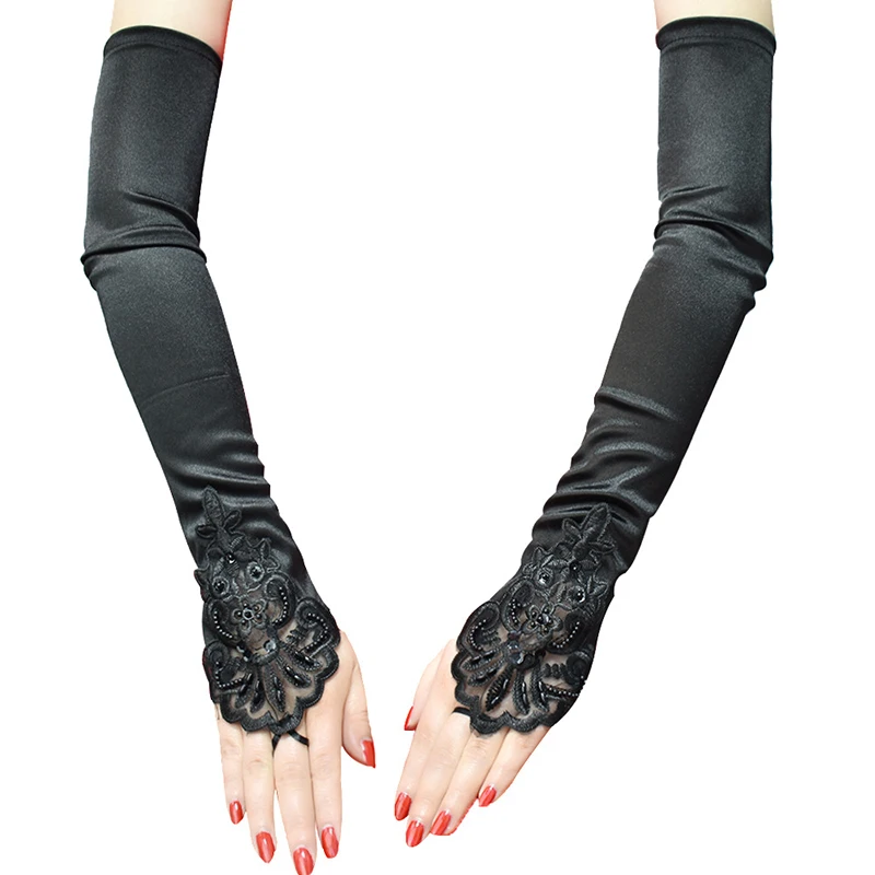 Women Satin Hook Finger Long Fingerless Gloves Retro Style Opera Evening Dress Accessories Etiquette High Elasticity Wedding