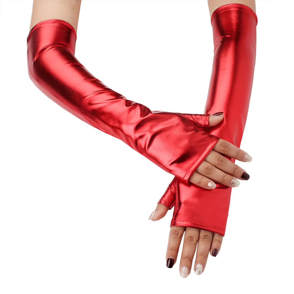 Women Patent leather Long Fingerless Half finger Gloves Punk Halloween Party Festival Arm Sleeves Cosplay Dance Accessories