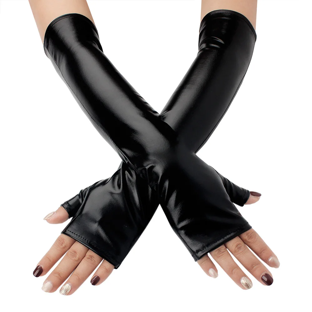 Women Patent leather Long Fingerless Half finger Gloves Punk Halloween Party Festival Arm Sleeves Cosplay Dance Accessories