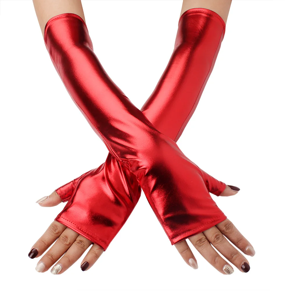 Women Patent leather Long Fingerless Half finger Gloves Punk Halloween Party Festival Arm Sleeves Cosplay Dance Accessories
