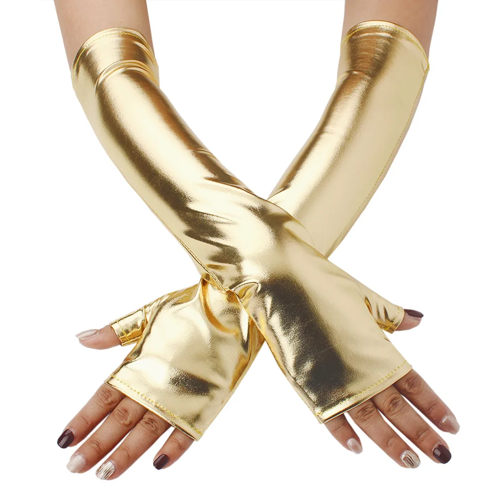 Women Patent leather Long Fingerless Half finger Gloves Punk Halloween Party Festival Arm Sleeves Cosplay Dance Accessories
