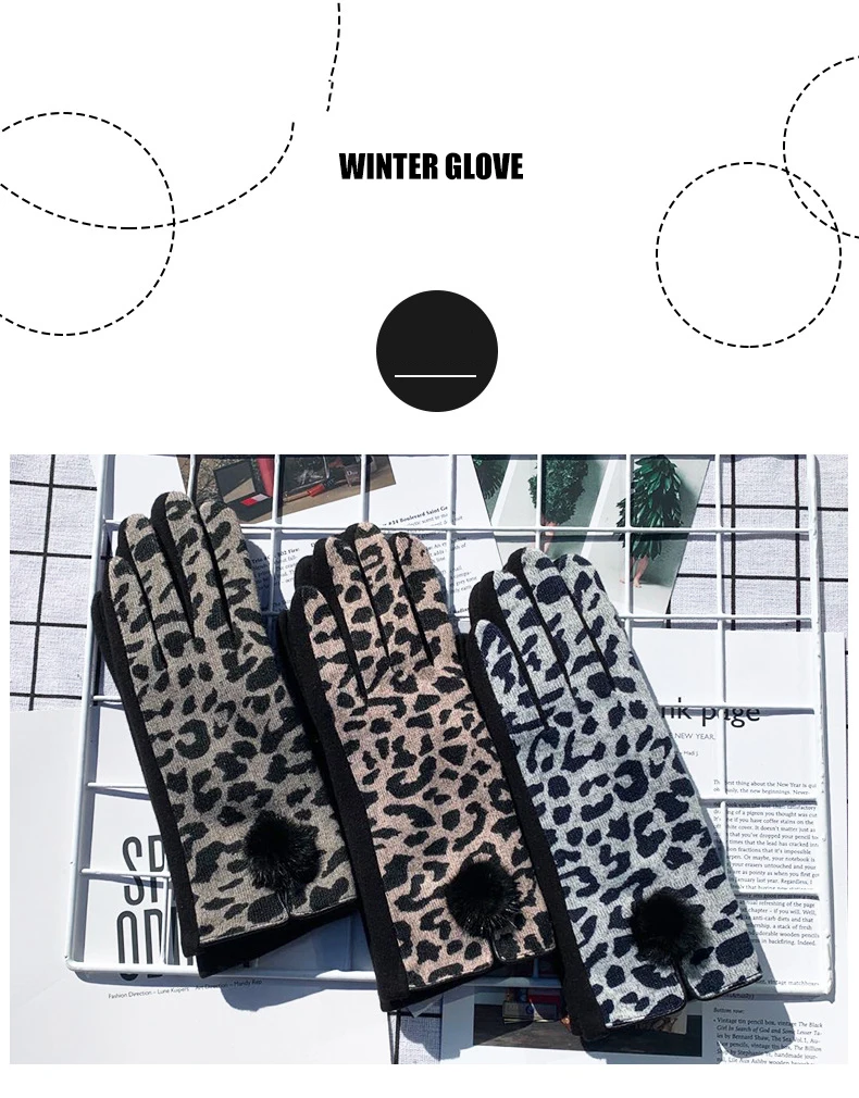 Winter New Fashion Sexy Opening Design Leopard Print Gloves Women Touch Screen Warm Full Finger Gloves Elegant Soft Mittens G083