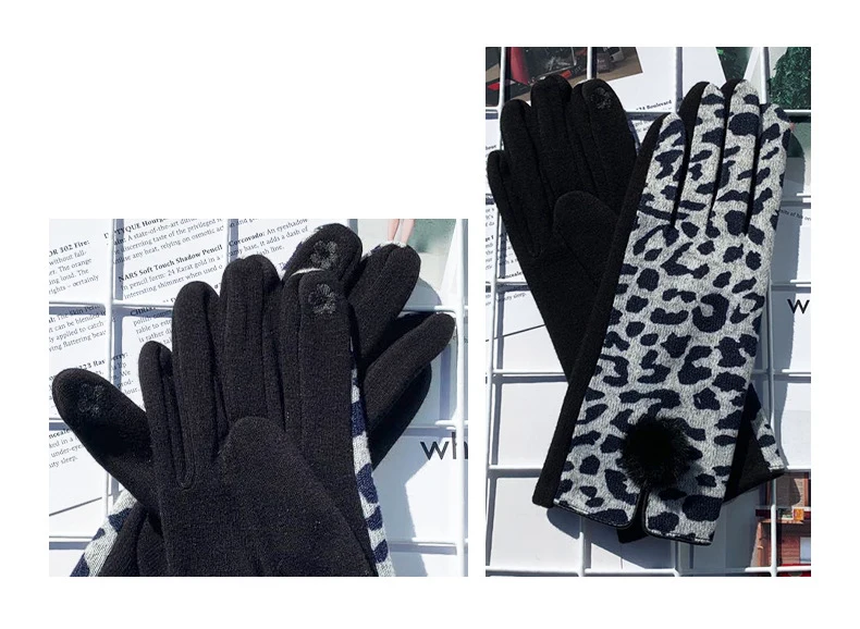 Winter New Fashion Sexy Opening Design Leopard Print Gloves Women Touch Screen Warm Full Finger Gloves Elegant Soft Mittens G083
