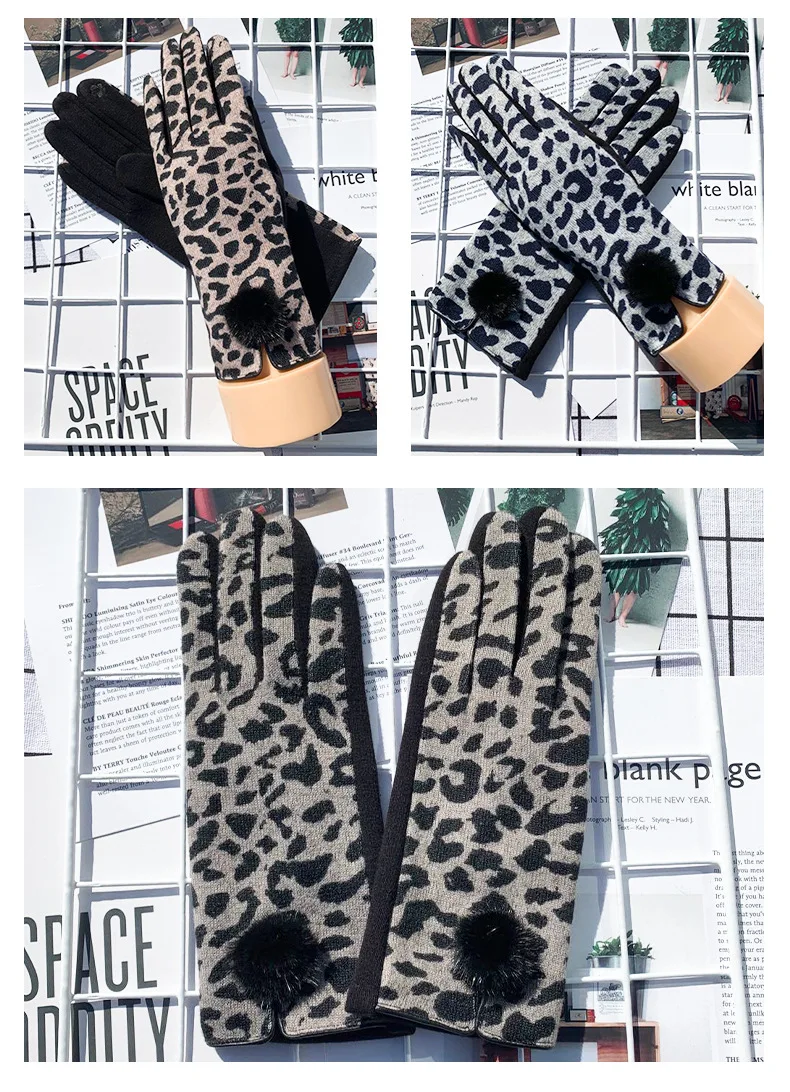 Winter New Fashion Sexy Opening Design Leopard Print Gloves Women Touch Screen Warm Full Finger Gloves Elegant Soft Mittens G083