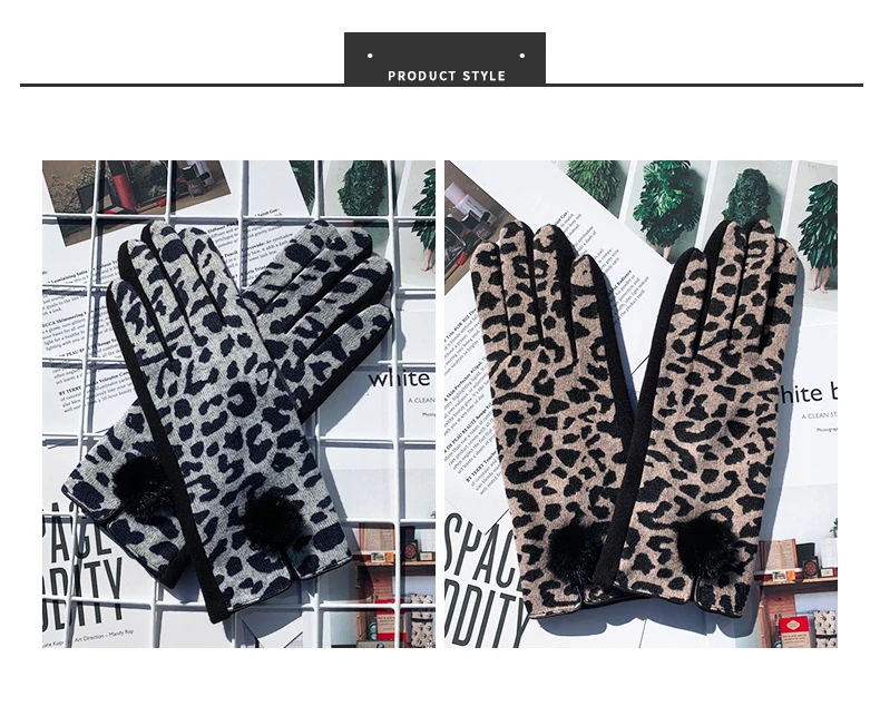 Winter New Fashion Sexy Opening Design Leopard Print Gloves Women Touch Screen Warm Full Finger Gloves Elegant Soft Mittens G083