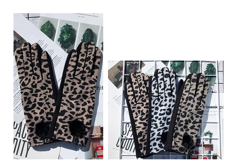 Winter New Fashion Sexy Opening Design Leopard Print Gloves Women Touch Screen Warm Full Finger Gloves Elegant Soft Mittens G083