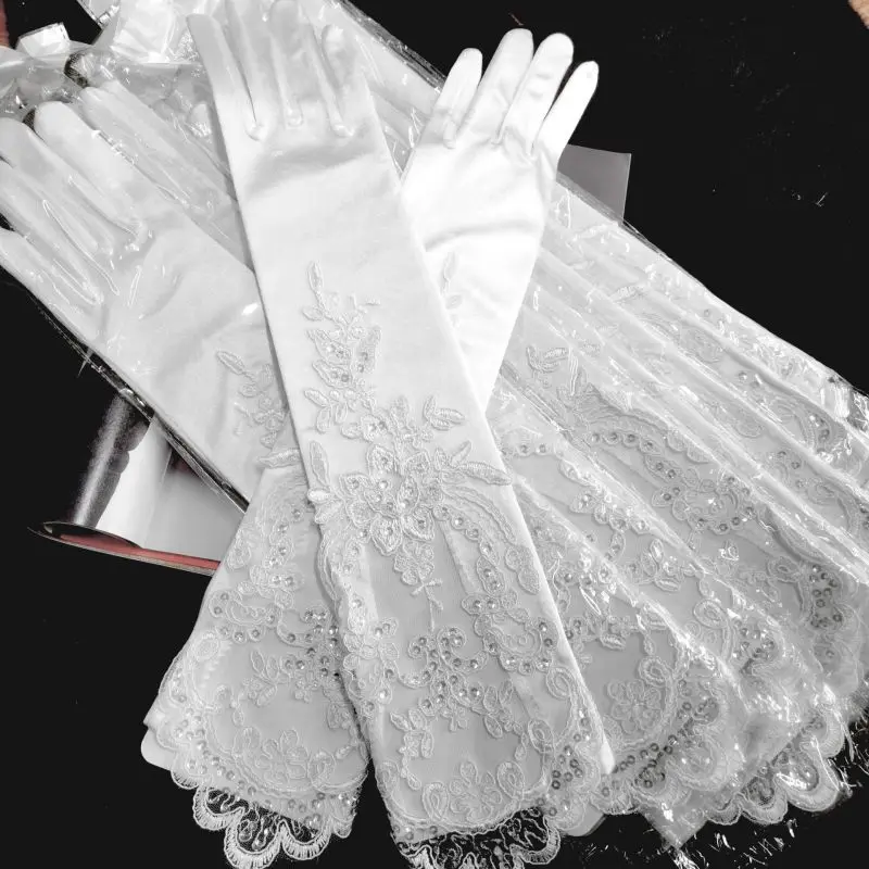 Women Satin Smooth Long Lace Flower Embroidery Hollow Banquet Wedding Bride Gloves Opera Elegant Evening Dress Accessories