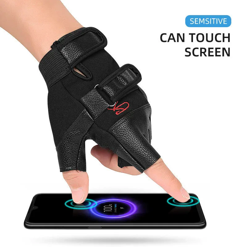 Men's Half Finger Leather Fitness Gloves Bike Sport Gloves Gym Exercise Men Black Rivets Punk Gloves