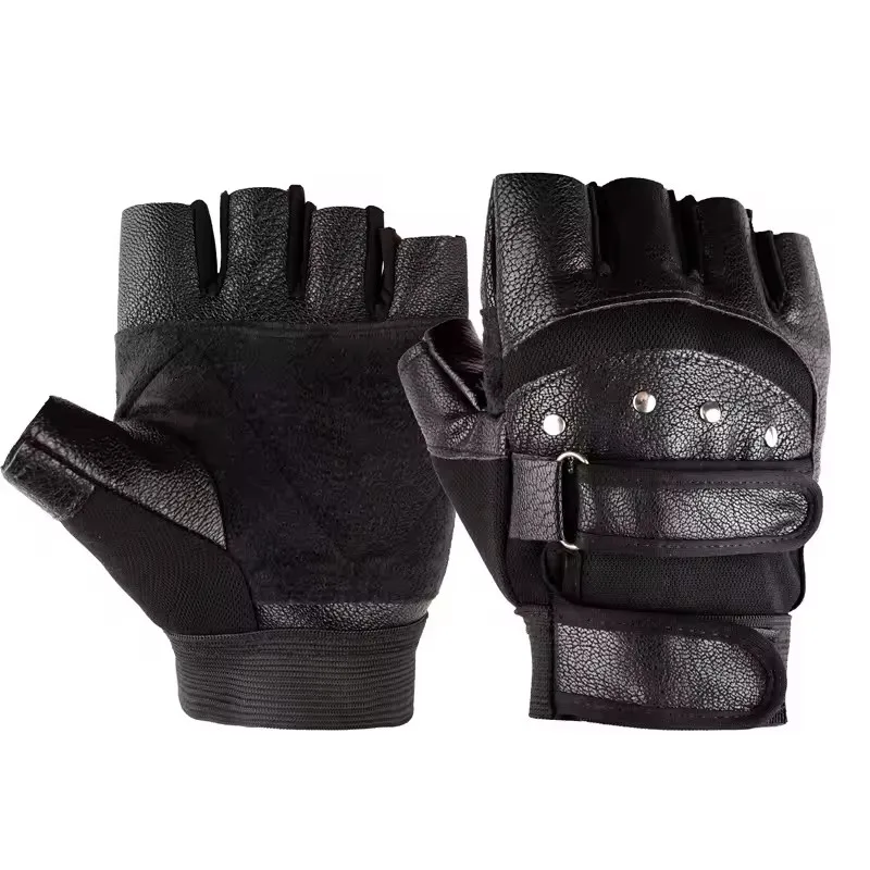 Men's Half Finger Leather Fitness Gloves Bike Sport Gloves Gym Exercise Men Black Rivets Punk Gloves