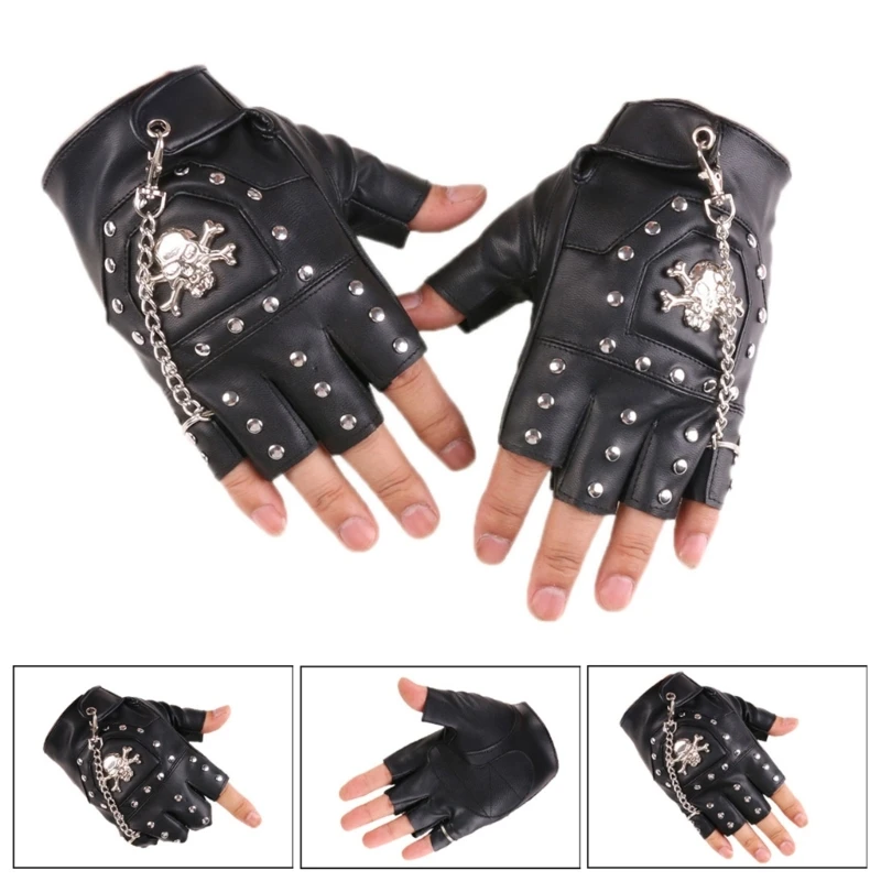 Men Steampunk Half Finger Gothic Gloves Metal Chain Rivets Biker Fingerless Mittens Black PU Leather Accessory