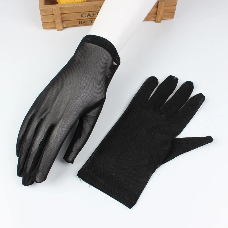 1 Pairs Women Vintage Elegant Gloves Lace Full Finger Gloves Short Tulle Etiquette Stretchy Black Transparent Driving Mittens