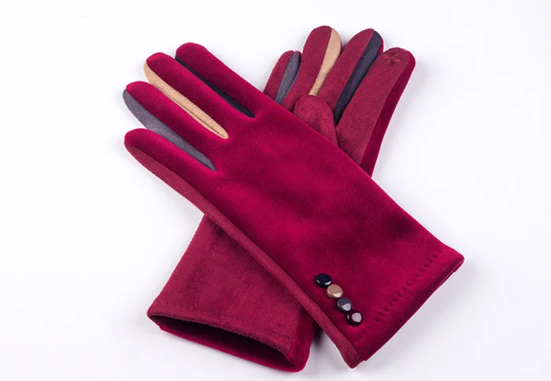 Autumn Winter Women Embroidery Touch Screen Mitten Female Button Suede Leather Velvet Cashmere Full Finger Warm Bow Glove F9