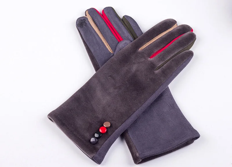 Autumn Winter Women Embroidery Touch Screen Mitten Female Button Suede Leather Velvet Cashmere Full Finger Warm Bow Glove F9