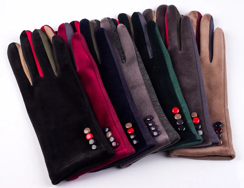 Autumn Winter Women Embroidery Touch Screen Mitten Female Button Suede Leather Velvet Cashmere Full Finger Warm Bow Glove F9