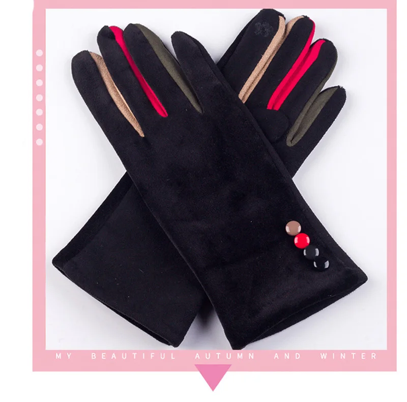 Autumn Winter Women Embroidery Touch Screen Mitten Female Button Suede Leather Velvet Cashmere Full Finger Warm Bow Glove F9