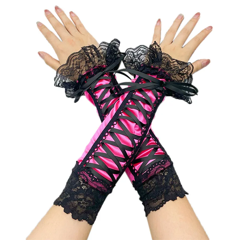 33cm Women Cute Lovely Lolita Cosplay Lace Ribbon Fingerless Gloves Aristocratic Style Stage Performance Evening Dress Accessori
