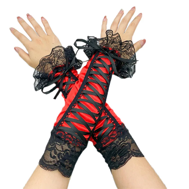 33cm Women Cute Lovely Lolita Cosplay Lace Ribbon Fingerless Gloves Aristocratic Style Stage Performance Evening Dress Accessori