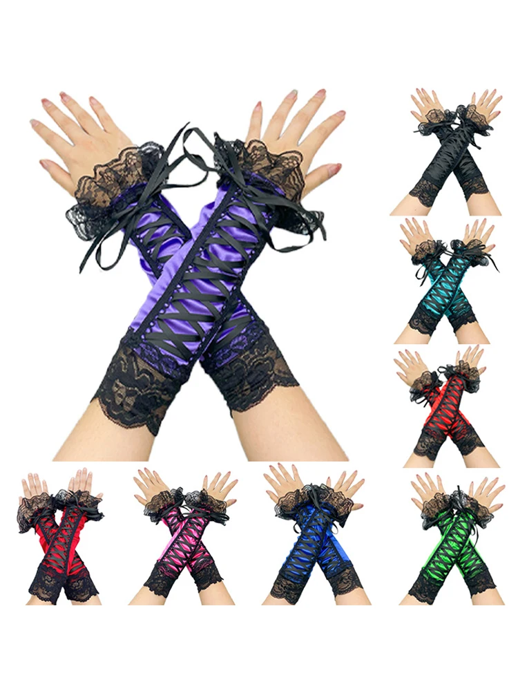 33cm Women Cute Lovely Lolita Cosplay Lace Ribbon Fingerless Gloves Aristocratic Style Stage Performance Evening Dress Accessori
