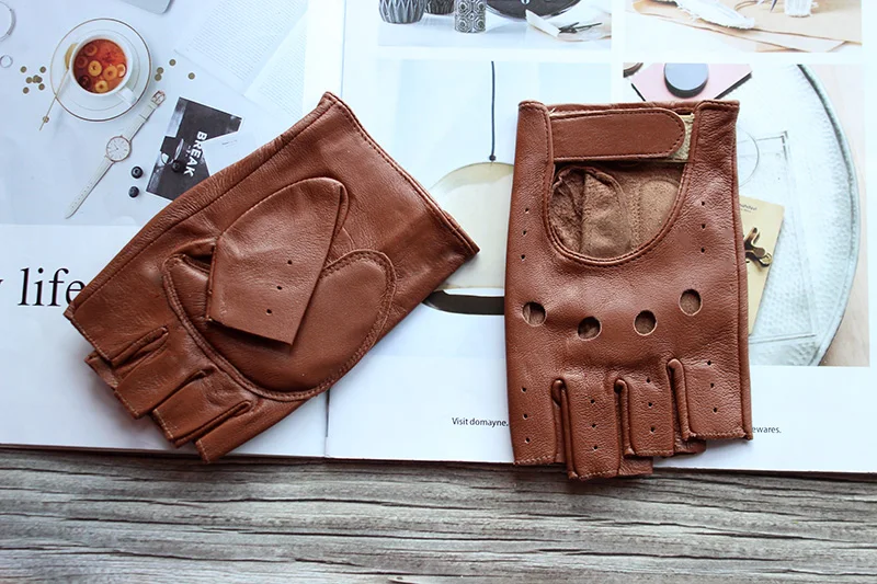 New Women's Sheepskin Half Finger Gloves Leather Single Layer Unlined Thin Hollow Fitness Driver Motorcycle Leather Gloves