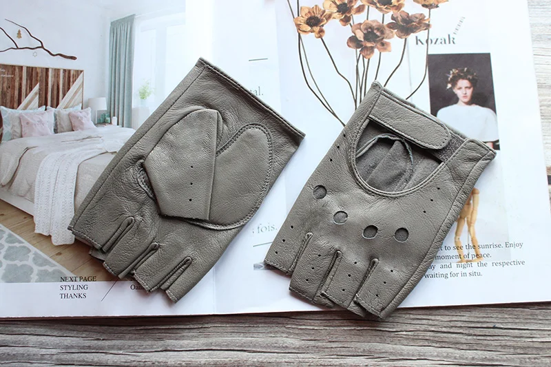 New Women's Sheepskin Half Finger Gloves Leather Single Layer Unlined Thin Hollow Fitness Driver Motorcycle Leather Gloves
